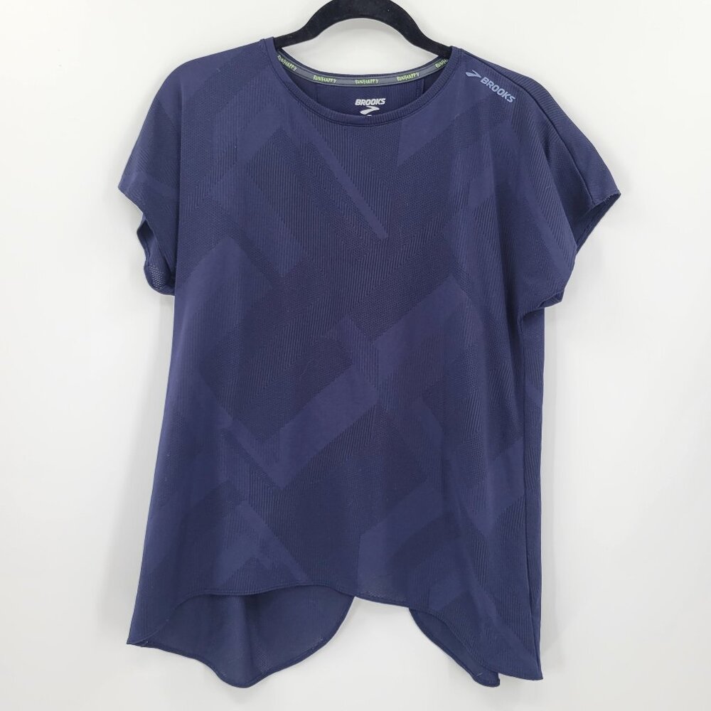 Brooks Run Happy Short Sleeve Shirt Split Back Navy Large